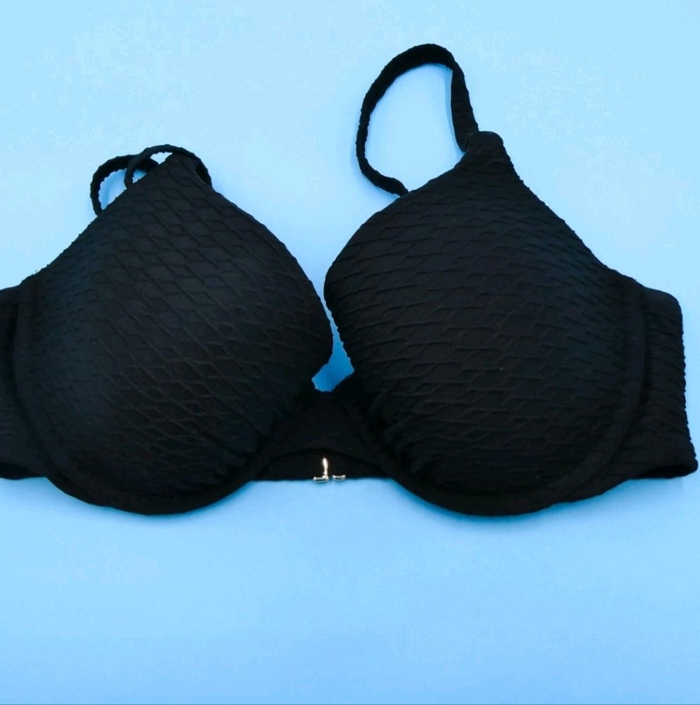 Victorias Secret 34 D Black Ribbed Underwired Full Coverage Bikini Top Swimwear